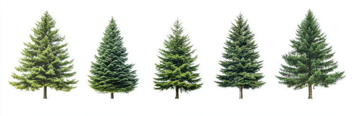 Set of different tree species, showcasing their unique shapes and foliage, isolated against a white background.
