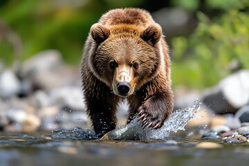Obraz premium A grizzly bear catching fish in a rushing river, with the energy and movement of the water creating a dynamic, action-filled scene