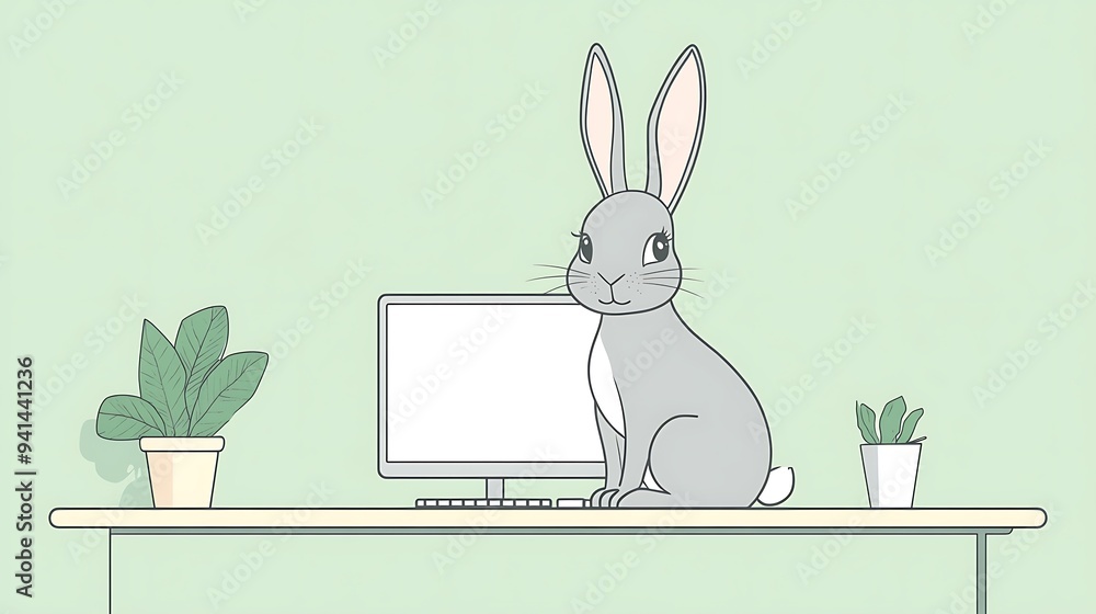 Poster tranquil rabbit illustration in minimalist workspace setting with computer screen and potted plant o