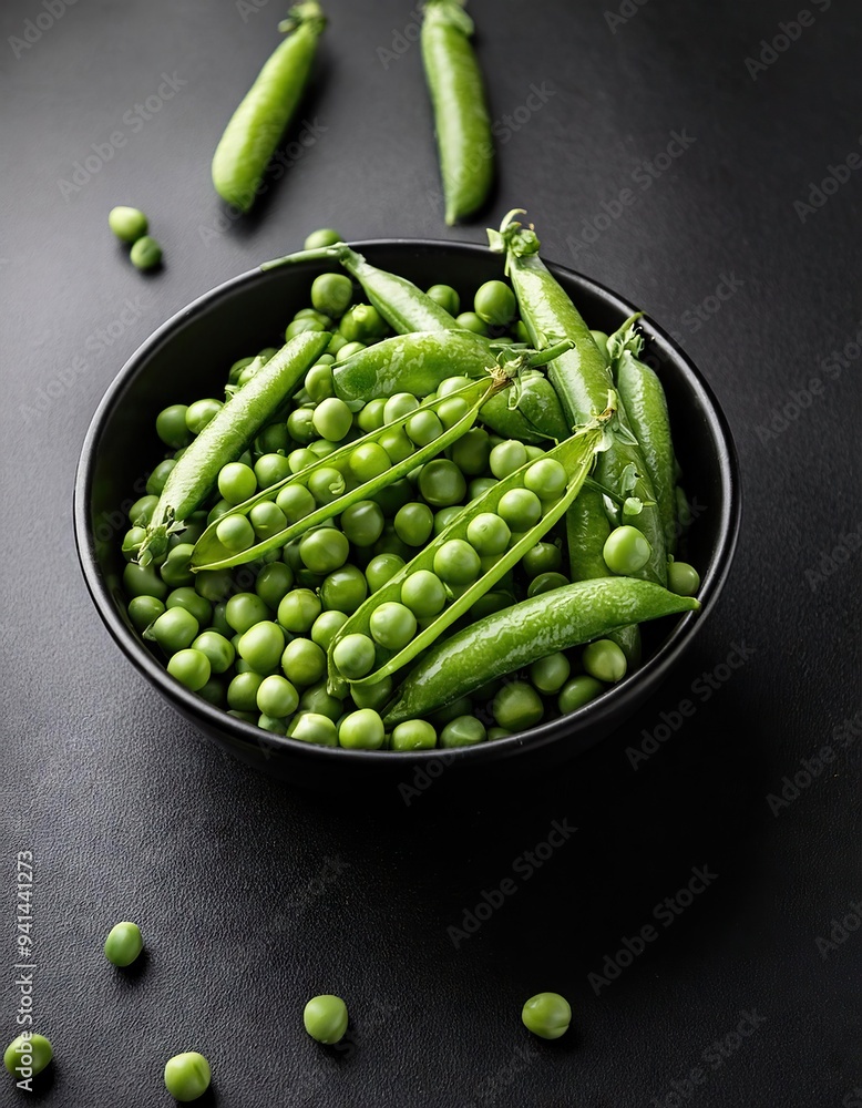 Wall mural green peas in a bowl on a black background