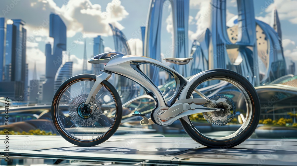 Poster show a sleek, futuristic bicycle with advanced design elements against a backdrop