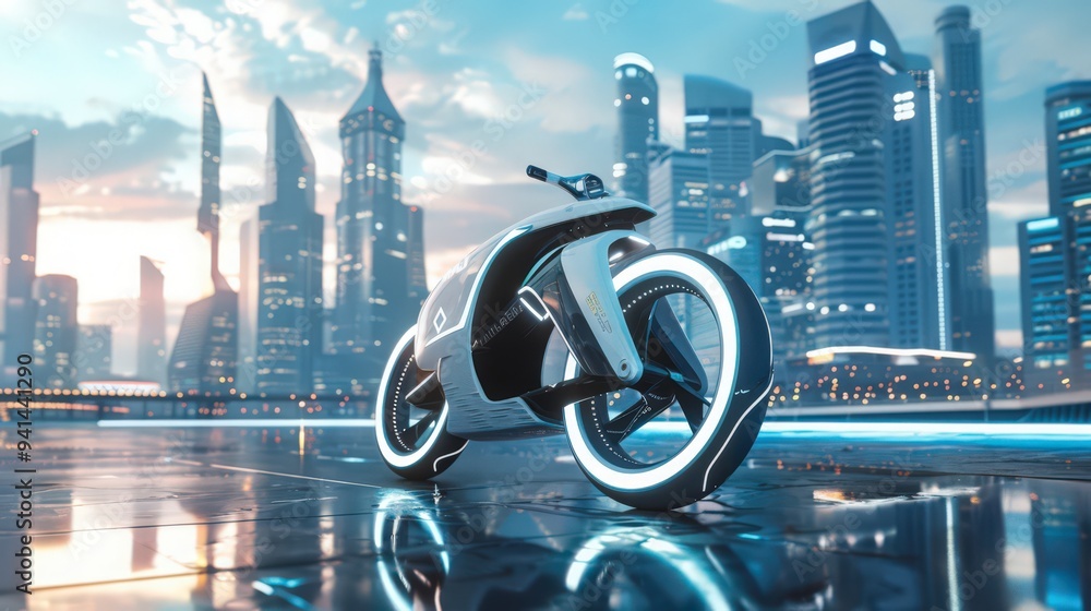 Poster show a sleek, futuristic bicycle with advanced design elements against a backdrop