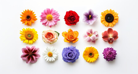 A diverse collection of colorful flowers, including sunflowers, roses, daisies, and orchids, neatly arranged in three rows on a white background.
