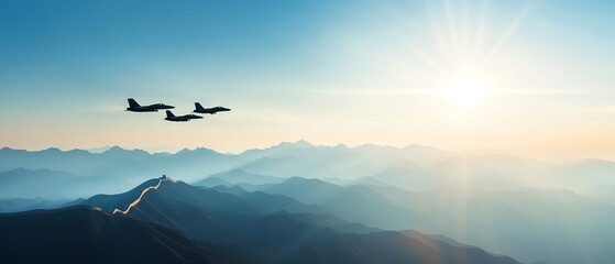 Air force jets flying over the Great Wall, blue skies, national defense, military might, patriotic display