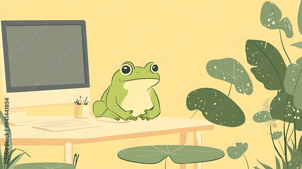 Poster minimalist green frog illustration on desk with computer and lily pads in soft yellow background