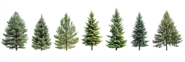 Obraz premium Set of different tree species, showcasing their unique shapes and foliage, isolated against a white background. 