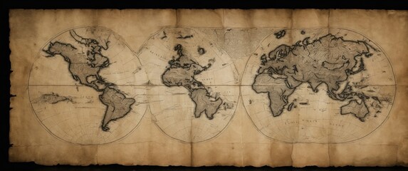 An antique world map illustration showcasing vintage cartography, perfect for travel themes and historical decor.