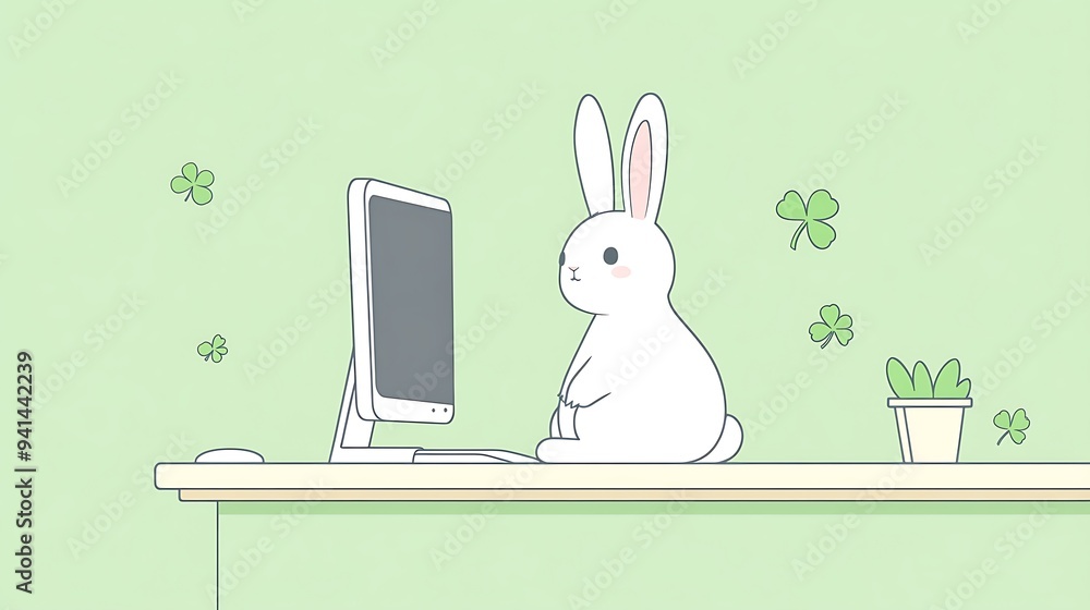 Aufkleber charming white rabbit in minimalist workspace illustration with computer monitor and clovers on desk