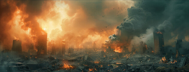 A dystopian city scene with ruined buildings, debris, and black smoke. Birds fly in the sky, enhancing the chaotic vibe, depicting destruction and desolation.