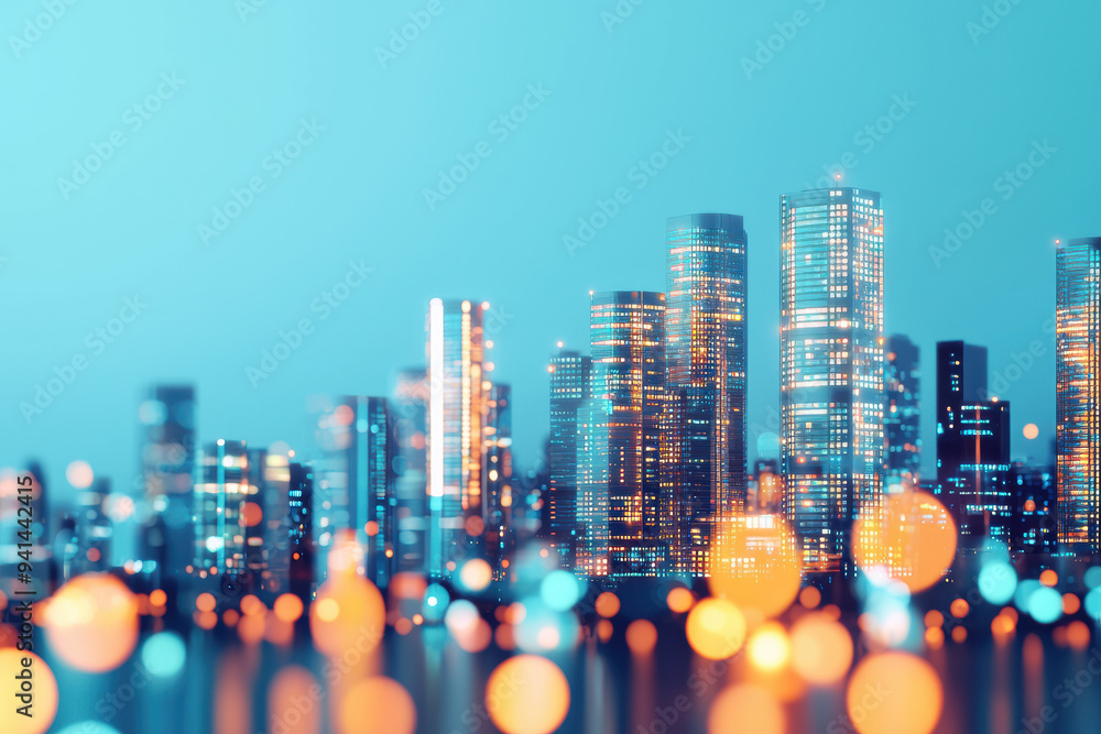 Aufkleber vibrant cityscape at dusk with illuminated skyscrapers and bokeh lights in the foreground, creating 