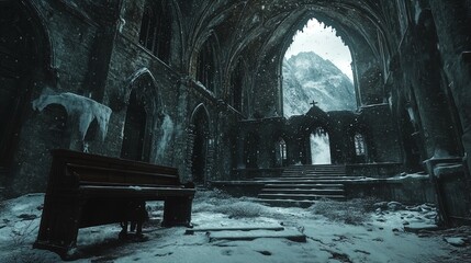 The image showcases the interior of a ruined, gothic-style cathedral covered in snow. The ceiling is largely missing, exposing the snowy outdoors and a distant mountain peak. A wooden piano stands pro