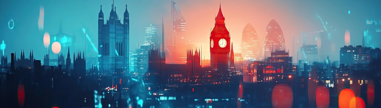 A vibrant urban skyline at sunset, featuring iconic architecture and colorful lights, showcasing the beauty of a modern cityscape.