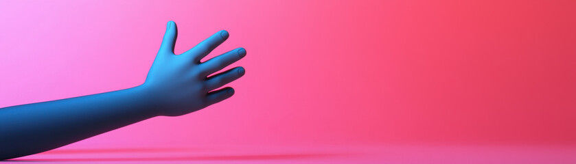 A minimalistic   of a blue hand reaching towards a gradient pink background, representing creativity, technology, and modern design.