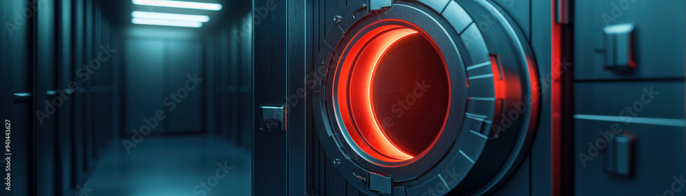 Poster close-up of futuristic server room with glowing red circular interface, showcasing advanced technolo