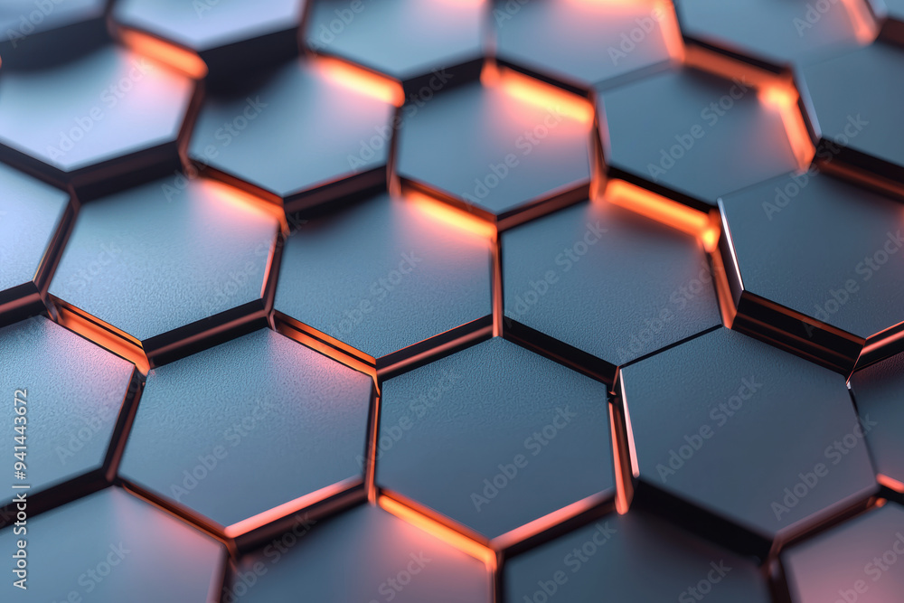 Poster futuristic hexagonal metallic surface with glowing edges creating a modern and high-tech aesthetic. 