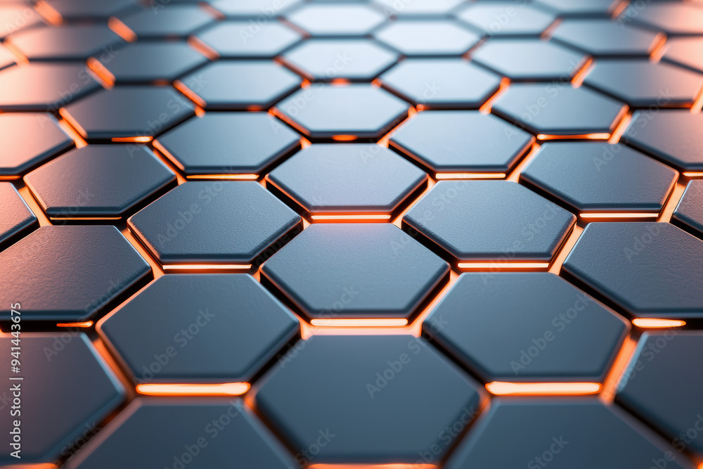 Poster close-up of an illuminated hexagonal grid pattern with glowing edges, showcasing modern technology a