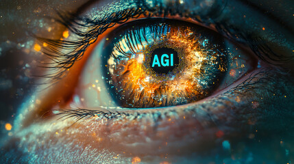 Futuristic AGI Vision Closeup Eye with Digital Technology and Secure Data