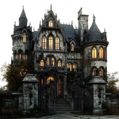 Eerie Gothic Mansion with Glowing Windows in the Dead of Night Imposing Structure Shrouded in Shadows and Cobwebs