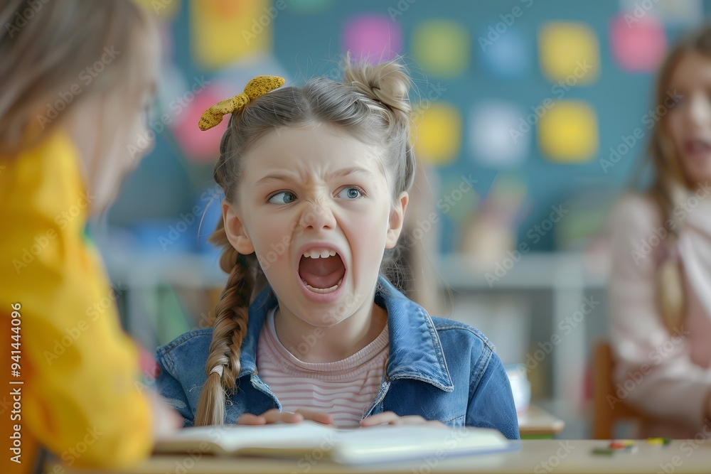Poster a frustrated child expressing emotions in a classroom setting