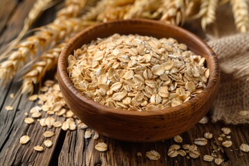 A rustic scene of raw oats and wheat stalks on a weathered wooden table, capturing the essence of natural, wholesome ingredients.