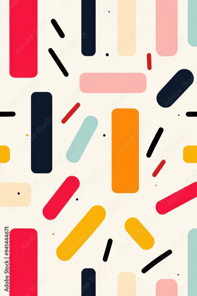 Poster colorful abstract geometric pattern with variously sized and shaped rectangles and lines on a white 