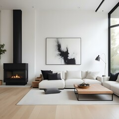 A modern and minimalist living room with a white sofa, a black fireplace, and a large blank canvas on the wall.