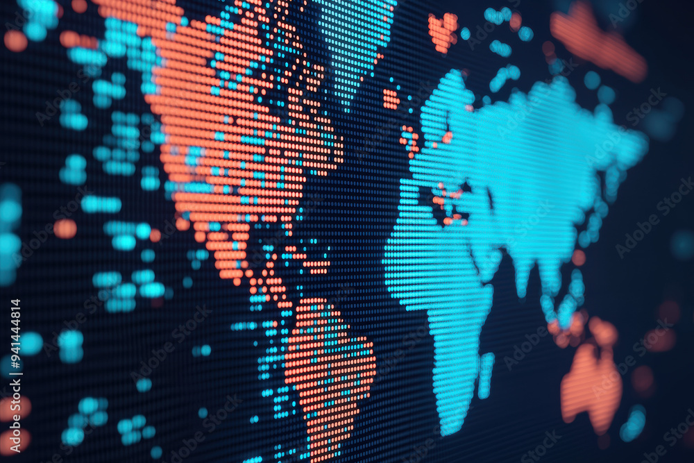 Poster digital world map illustration in blue and orange hues, showing global data points and connectivity 