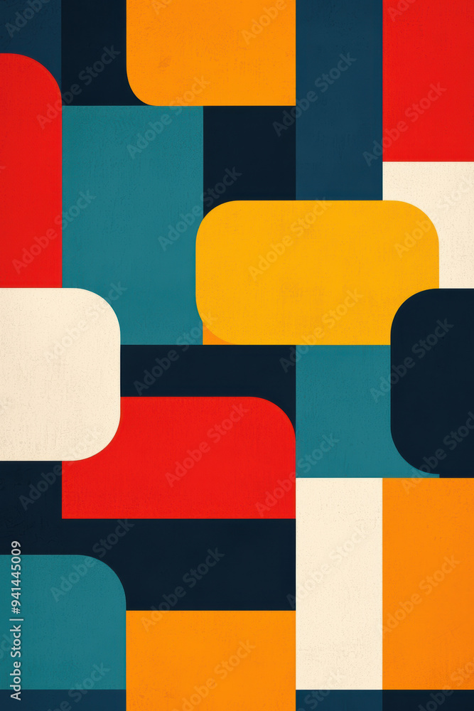 Poster colorful abstract geometric pattern with rectangles and rounded shapes in primary colors, creating a
