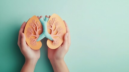 Two hands holding a paper cut-out of human lungs on a turquoise background.