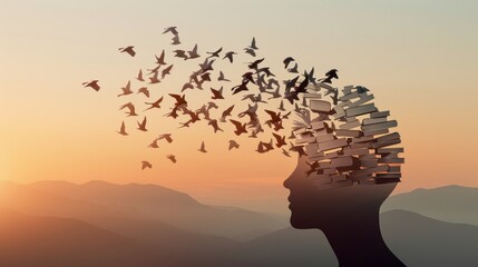 A creative representation of thought and freedom, featuring a human silhouette with birds emerging at sunset.