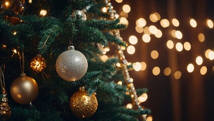 A Christmas tree adorned with shimmering ornaments and sparkling fairy lights