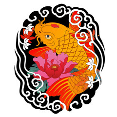 Carp tattoo design, Japanese irezumi koi fish style, oriental painting. Buddhist pattern illustration