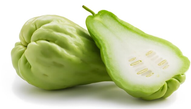 isolated chayote on a white background, showcasing its pear-like shape and textured green