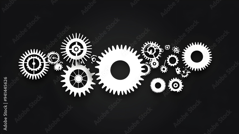 Poster intricate gears and cogs forming a mechanical mechanism on a dark background