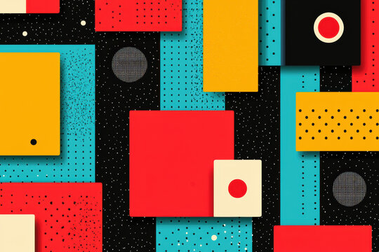 Abstract geometric background with colorful squares, rectangles, and circles in red, yellow, black, and teal on a dotted backdrop.