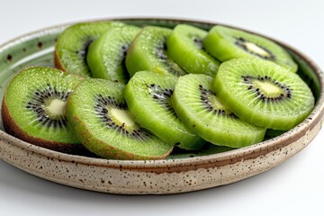 A neatly arranged plate of kiwi slices, showcasing the fresh, vibrant green color and the detailed texture of the fruit.