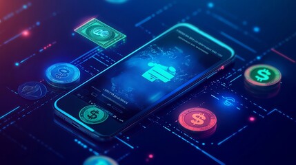 Digital wallet concept with icons for different currencies and a smartphone silhouette. Suitable for mobile banking and e-commerce finance banners. 