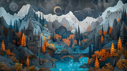 Obraz premium Enchanting Autumn Landscape with Floating Castle,Bridge,and Aurora Borealis