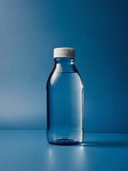 A clear plastic bottle with a white cap is set against a blue backdrop