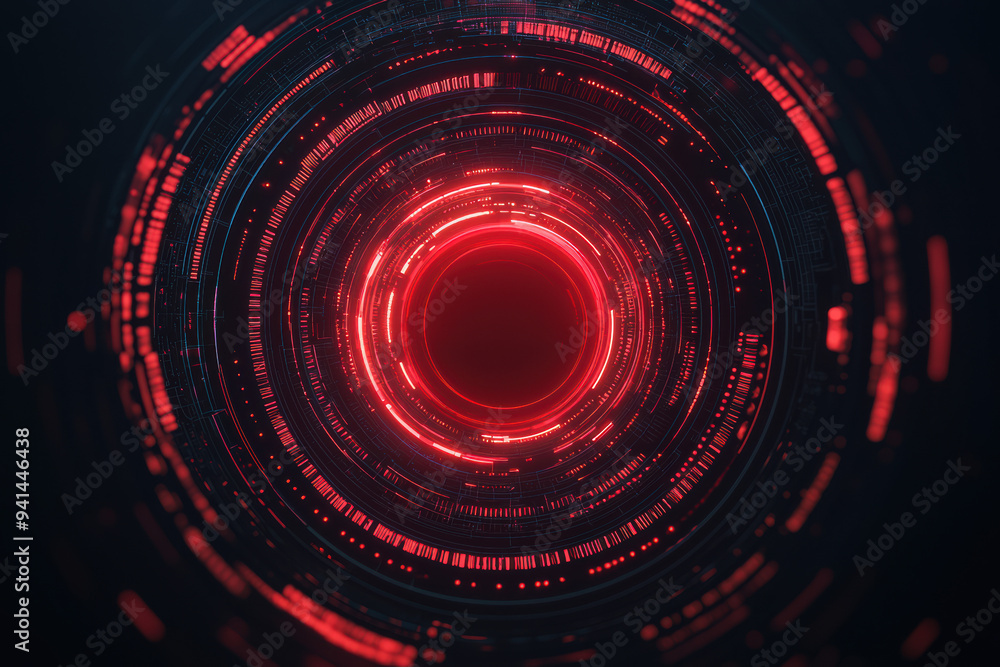 Poster futuristic red digital circular data interface, glowing in a dark environment, symbolizing advanced 