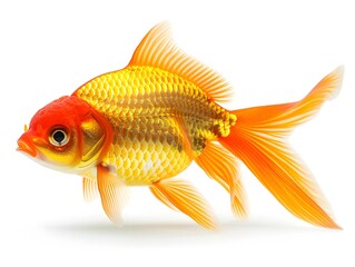 Fototapeta premium Detailed Close Up of Ornamental Goldfish with Vibrant Scales and Delicate Fins on White Background