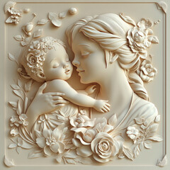 3D bas-relief of a mother and child close-up in vanilla and beige tones. A resource for advertising reproductive medicine centers, perinatal departments, a sketch, a template for creativity, creative 