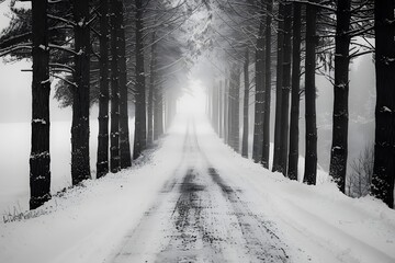 Serene Winter Pathway Through Snow-Covered Pines