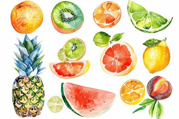 Watercolor illustration of a variety of tropical fruits, including kiwi, pineapple, watermelon, and citrus, arranged in a vibrant and colorful pattern.