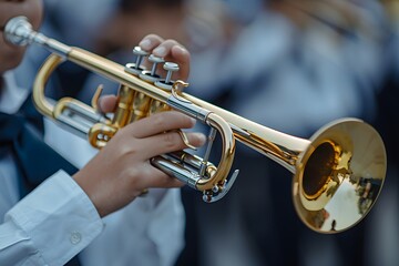 Obraz premium Close-Up of a Musician Playing a Trumpet in a Band Setting