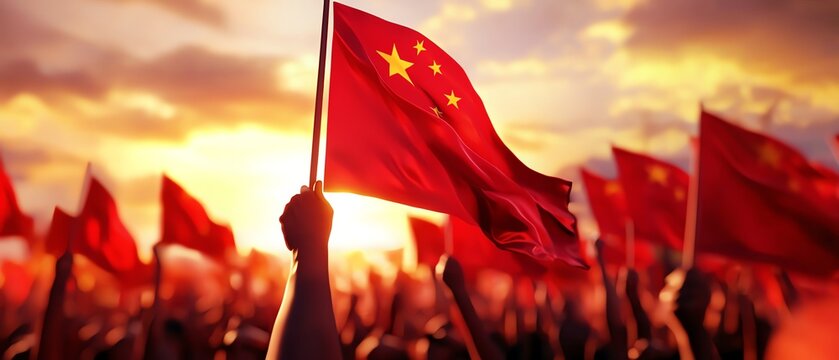 Historic Chinese revolution scenes, red banners and slogans, 3D illustration