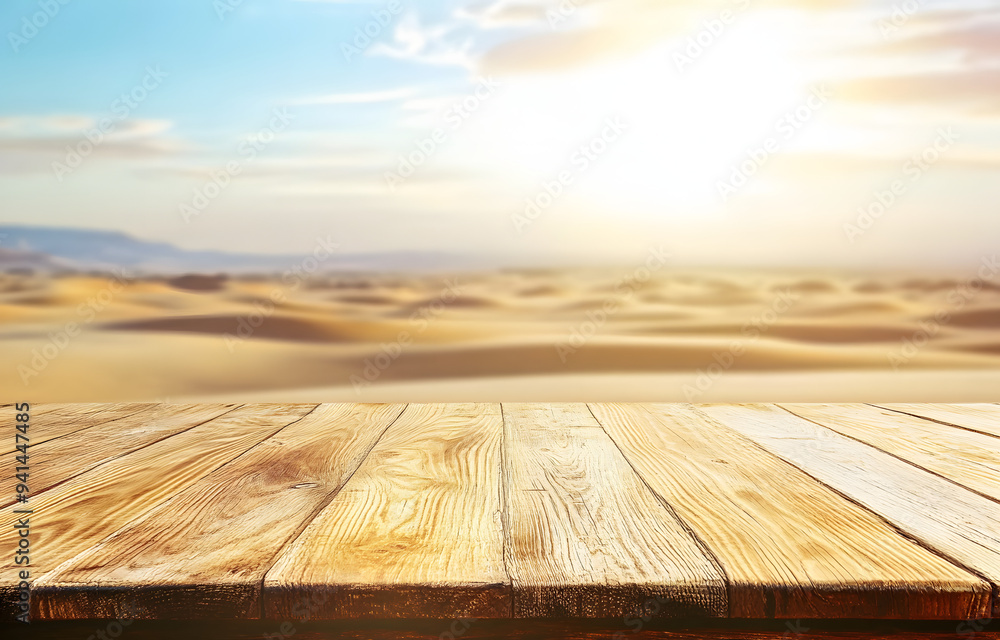 Poster wooden table top on blur desert background.hot weather and drink somethings for fresh.juice and cold