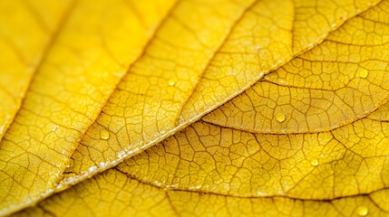 Close-up of overlapping yellow leaves showcasing intricate vein patterns and water droplets.