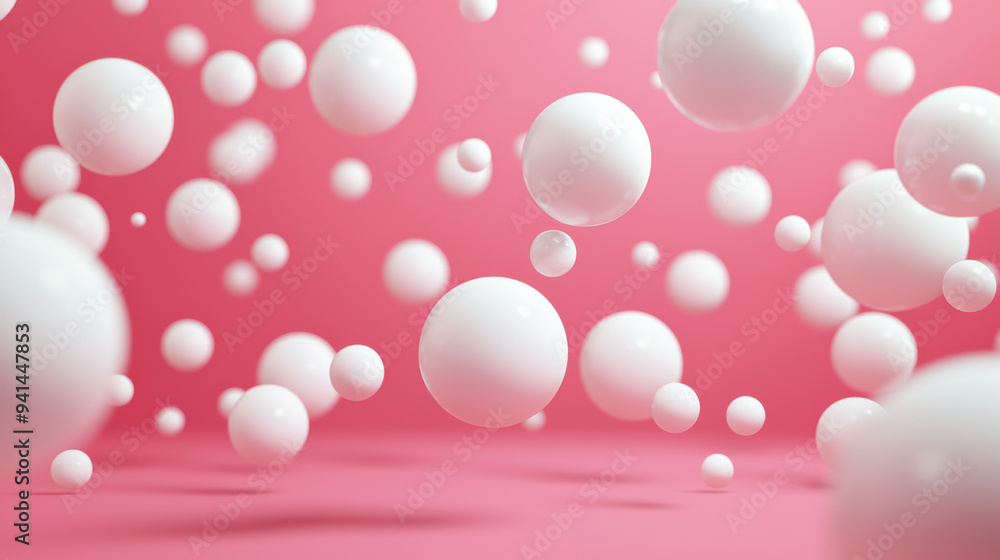 Poster abstract scene with white spheres floating against a vibrant pink background, creating a sense of so