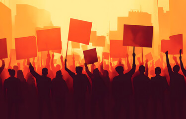 Peaceful protest and revolution. Silhouette of riot protesting crowd demonstrators with banners and flags. People on the meeting, crowd with banners. illustration of conflict